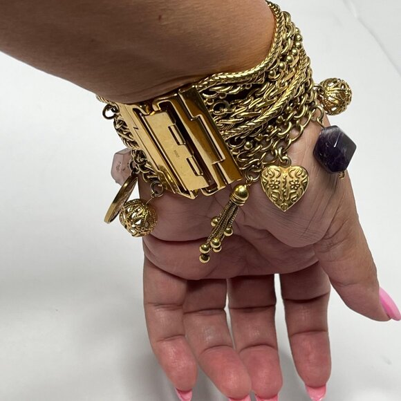 Rare Vintage Betsy Johnson Multi-Chain Gold-Tone Charms Bracelet with Watch - Picture 3 of 8